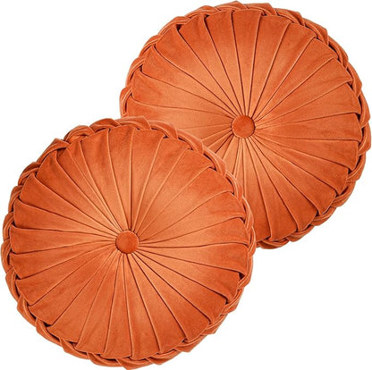 ROSE&RISY Round Pleated Velvet Throw Pillows, 2 Pcs Decorative Accent Pumpkin Pillow Cushion for Couch Sofa Chair Bed Car Home Decor (14.5 Inch, Orange)