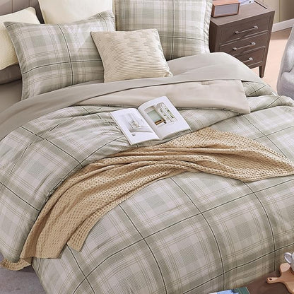 MaiRêve Plaid Queen Comforter Sets, Khaki Green Grid Farmhouse Bedding Set Bed in A Bag, Classic Checkered Comforter Sets with Fitted & Flat Sheet, Pillowcases & Shams 90"x90"