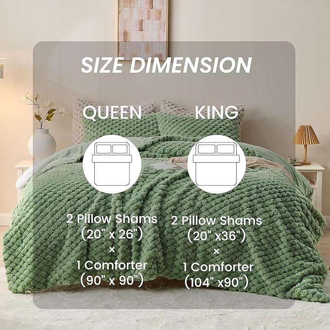 Simple&Opulence Fluffy Faux Fur Comforter Set, Plush Fuzzy Minky Bedding Set, 3 Pieces Warm Soft Comforter Bedding Set for Winter - 1 Shaggy Comforter with 2 Pillow Shams(King, Grid - Green)