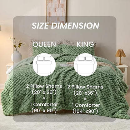 Simple&Opulence Fluffy Faux Fur Comforter Set, Plush Fuzzy Minky Bedding Set, 3 Pieces Warm Soft Comforter Bedding Set for Winter - 1 Shaggy Comforter with 2 Pillow Shams(Queen, Grid - Green)