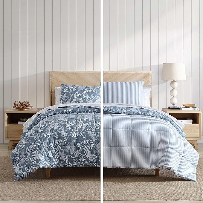 Eddie Bauer - Queen Comforter Set, Soft Reversible Bedding with Matching Shams, Wildflower Inspired Luxurious Bedding Set with Stripe Reverse (Fern Garden Blue, Queen)