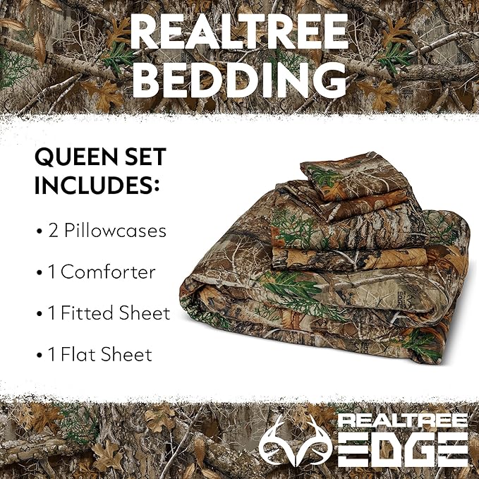 Northwest Realtree 5-Piece Queen Size Bed in a Bag Set, 1 Comforter, 1 Fitted Sheet, 1 Flat Sheet, 2 Pillowcases, All Seasons Bedding, Edge Camo