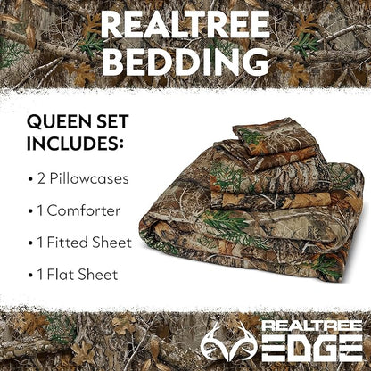 Northwest Realtree 5-Piece Queen Size Bed in a Bag Set, 1 Comforter, 1 Fitted Sheet, 1 Flat Sheet, 2 Pillowcases, All Seasons Bedding, Edge Camo