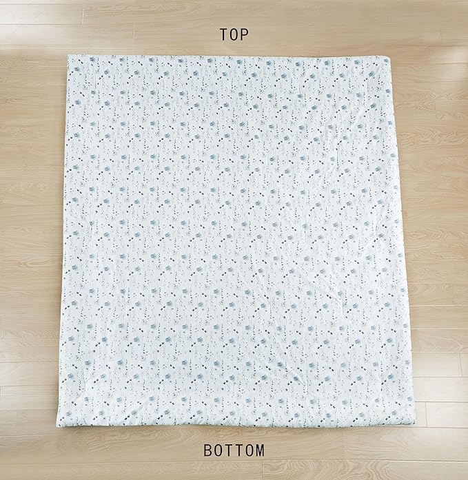 Chezmoi Collection Fran 3-Piece Boho Floral Comforter Set, Queen - Blue White Poppy Flower Watercolor Printed Microfiber Lightweight Bedding Set