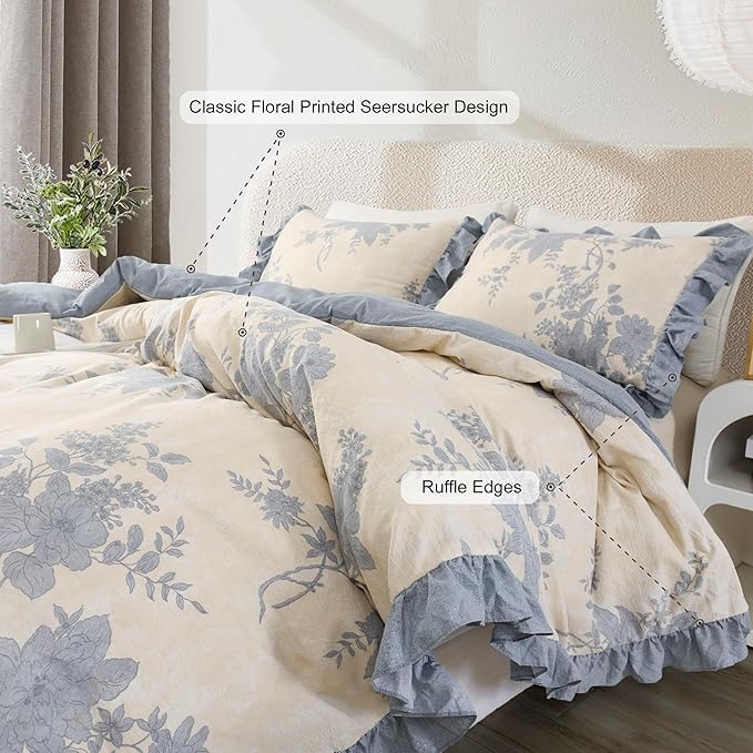 Oli Anderson 5 Piece Floral Comforter Set, Vintage Botanical Print Bedding Set, Farmhouse Lightweight Cottagecore Bed in a Bag with 1 Ruffle Flowers Comforter, 2 Pillowcases, 2 Pillows (Blue, King)