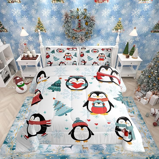 Christmas Tree 3 Pcs Queen Size Comforter Set,Winter Snowflake Happy Xmas Theme Down Alternative Adults Room Decor,Cartoon Penguin Ultra Soft Microfiber Inner Fill 3Pcs Bedding