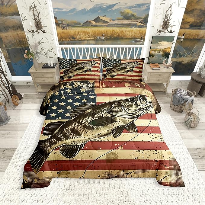 Erosebridal Bass Fishing King Comforter Set,Vintage American Flag Bedding Sets for Kids Boys Men,Big Pike Fish Quilt Bed Set,Rustic Cabin Lake House Bedroom Decor,2 Pillowcases Breathable
