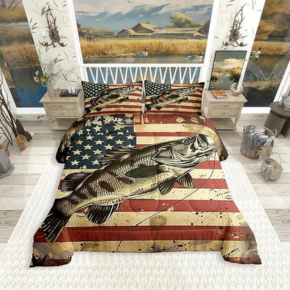 Erosebridal Bass Fishing King Comforter Set,Vintage American Flag Bedding Sets for Kids Boys Men,Big Pike Fish Quilt Bed Set,Rustic Cabin Lake House Bedroom Decor,2 Pillowcases Breathable