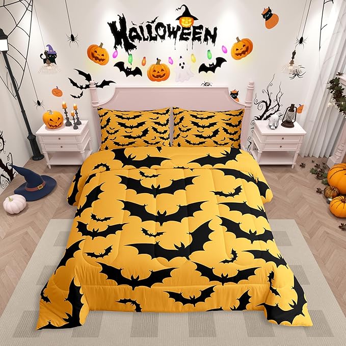 Erosebridal Halloween Bat King Bedding Set Gothic Orange Bat Comforter Set Spooky Goth Animal Bed Collections Horror Halloween Duvet Quilt Sets for Kids Teens Adults