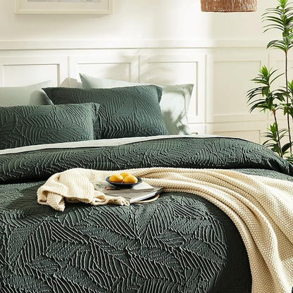 Geniospin Queen Comforter Set - 7 Pieces Dark Green Bedding Set, Botanical Textured Comforter Bed Set, All Season Lightweight Bed in a Bag with Comforter, Sheets, Pillowcases & Shams