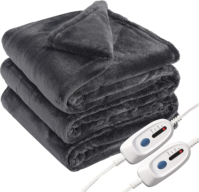 Electric Heated Blanket Queen Size 84"x90", Soft Plush Microplush for Bed, Dual Controllers & Heating Zones, 10Hs Auto Off & 4 Heating Levels, Machine Washable, Gifts for Family-Dark Gray