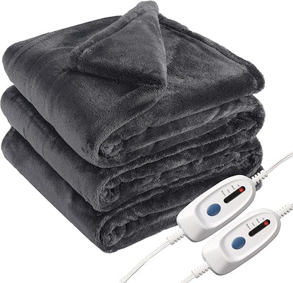 Electric Heated Blanket Queen Size 84"x90", Soft Plush Microplush for Bed, Dual Controllers & Heating Zones, 10Hs Auto Off & 4 Heating Levels, Machine Washable, Gifts for Family-Dark Gray