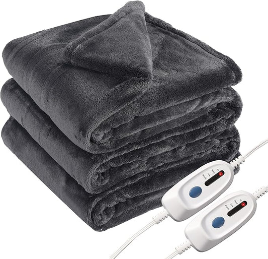 Electric Heated Blanket Queen Size 84"x90", Soft Plush Microplush for Bed, Dual Controllers & Heating Zones, 10Hs Auto Off & 4 Heating Levels, Machine Washable, Gifts for Family-Dark Gray