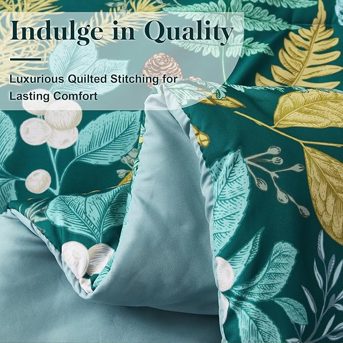 King Comforter Set - 3 Pieces Botanical Bedding Comforter Set, 1 Soft Dark Green Plant Flowers Comforter (104"x90") and 2 Pillow Shams(20"x36") Ultra-Soft Comfort Suitable for All Seasons