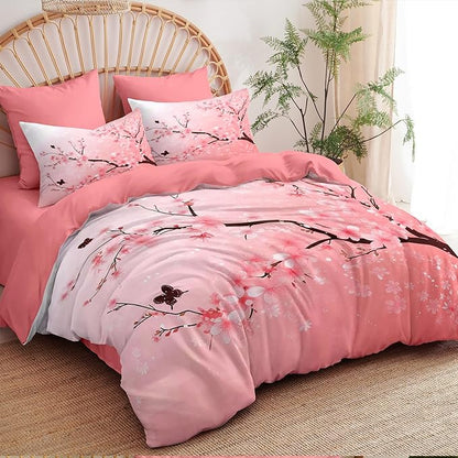 Cherry Blossom Comforter Set Twin Size Pink Floral Bedding Set for Girls Kids Japanese Flower Decor Quilt Set - 2Pcs Soft Fluffy Microfiber with 1 Pillowcase(68 * 86)