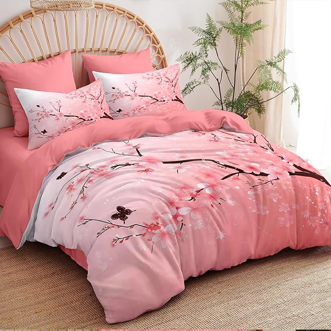 Pink Floral Comforter Set Queen Size Cherry Blossom Bedding Set for Women Girls Japanese Flower Decor Quilt Set - 3Pcs Soft Fluffy Microfiber with 2 Pillowcases(90 * 90)