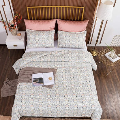 CLOTHKNOW Aztec Boho Queen Comforter Set 3Pcs Ivory Bedding Comforter Sets Geometric Bed Comforter with 2 x Pillow Cases