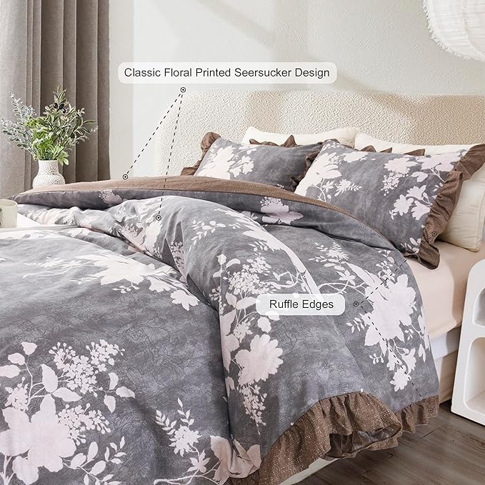 Oli Anderson 3 Piece Floral Comforter Set, Vintage Botanical Print Bedding Set, Farmhouse Lightweight Cottagecore Bed in a Bag with Ruffle Flowers Comforter (Brown, Queen)