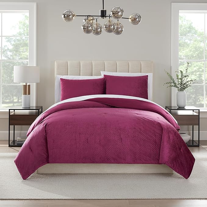 Nine West Maya 3 Piece Embossed Velvet Comforter Set, Luxurious All Season Bedding Including One Comforter and Two Pillow Shams, Queen, Maroon