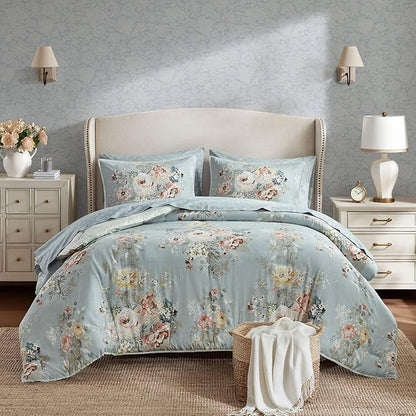 Madison Park Essentials Floral Comforter Set Queen Size, Vintage Flower Bedding Set with Sheet Set, 7 Pieces Bed in a Bag with Reversible Botanical Comforter, Pillowcases & Shams, Heather, Soft Blue