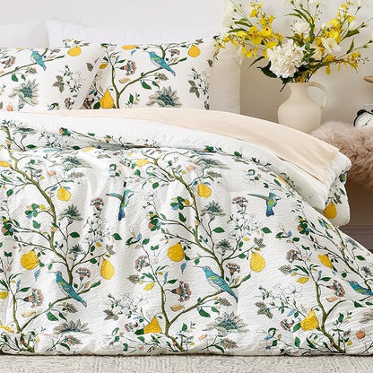MUSSEL White Queen Size Comforter Set 3 Pieces,Vintage Botanical Floral Pattern Bedding Comforter Sets,Boho Whimsical Modern Printed Design Cute Seersucker Bedroom Comforter and Shams