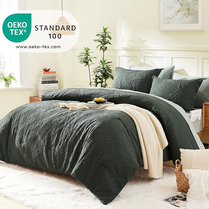 Geniospin Queen Comforter Set - 7 Pieces Dark Green Bedding Set, Botanical Textured Comforter Bed Set, All Season Lightweight Bed in a Bag with Comforter, Sheets, Pillowcases & Shams
