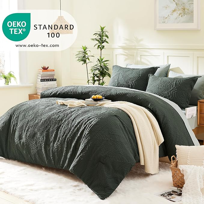Geniospin Full Size Comforter Set - 7 Pieces Dark Green Bedding Set, Botanical Textured Comforter Bed Set, All Season Lightweight Bed in a Bag with Comforter, Sheets, Pillowcases & Shams