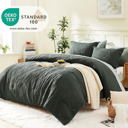 Geniospin Twin Comforter Set - 5 Pieces Dark Green Bedding Set, Botanical Textured Comforter Bed Set, All Season Lightweight Bed in a Bag with Comforter, Sheets, Pillowcases & Shams