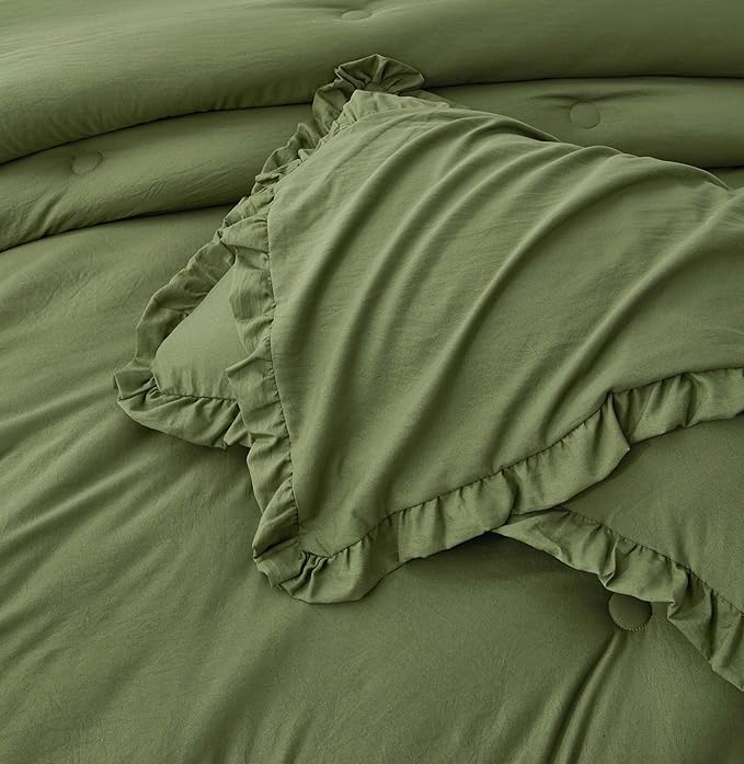 Chezmoi Collection Nora Olive Green Comforter Set Oversized Queen 3-Piece Lightweight Soft Stone-Washed Ruffled Shabby Chic Bedding for All Season