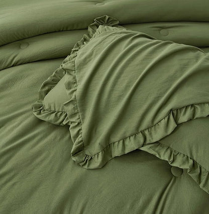 Chezmoi Collection Nora Olive Green Comforter Set King Size 3-Piece Fluffy Soft Stone-Washed Ruffled Shabby Chic Bedding for All Season
