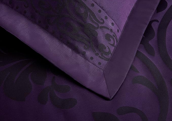 Chezmoi Collection 7-Piece Jacquard Floral Comforter Set (Queen, Purple/Dark Purple)