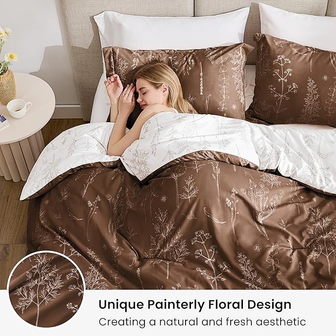 Love's cabin Chocolate Full Comforter Set - Full Size Comforter Set, 3 Pieces Cute Floral Bedding Sets for All Seasons,1 Soft Reversible Botanical Flowers Comforter and 2 Pillow Shams
