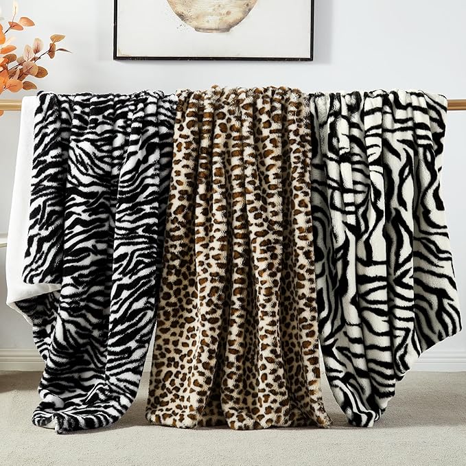 JONIYEAR Fuzzy Zebra Print Faux Rabbit Fur Blanket Twin Size 60" x 70",Double Sided Soft Thick Warm Shaagy Fluffy Blankets for Winter, Oversized Cozy Plush Animal Blanket for Women, White and Black
