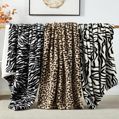 JONIYEAR Fuzzy Zebra Print Faux Rabbit Fur Blanket Twin Size 60" x 70",Double Sided Soft Thick Warm Shaagy Fluffy Blankets for Winter, Oversized Cozy Plush Animal Blanket for Women, White and Black