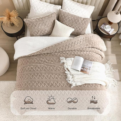 Andency Fluffy Sherpa Queen Comforter Set, Super Soft Khaki Fleece Warm Bedding for Winter, Luxury Jacquard Boho Thick Fuzzy Plush Bed Set 3 Pieces(1 Shaggy Comforter, 2 Pillowcases)