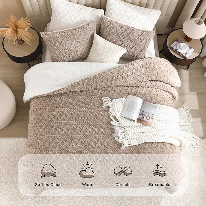 Andency Fluffy Sherpa Full Comforter Set, Super Soft Khaki Fleece Warm Bedding for Winter, Luxury Jacquard Boho Thick Fuzzy Plush Bed Set 3 Pieces(1 Shaggy Comforter, 2 Pillowcases)