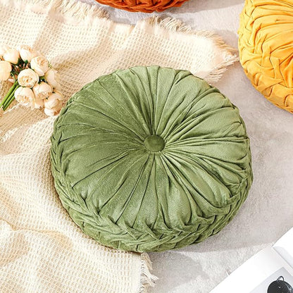 1 Pcs Round Throw Pillows Decorative Velvet Pleated Throw Pillows 15'' Diameter Accent Pumpkin Boho Chair Cushion for Couch Sofa Chair Bed Home Decoration (Green)