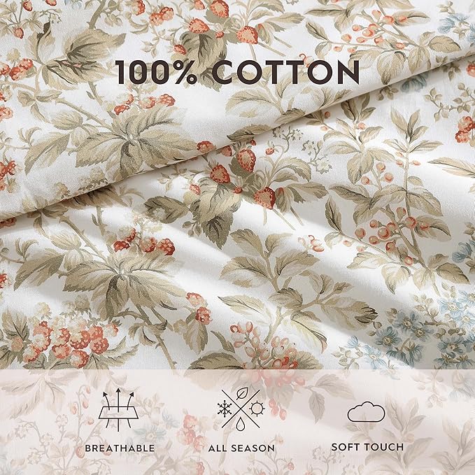 Laura Ashley - King Comforter Set, Reversible Cotton Bedding with Matching Shams, Floral Home Decor with Plaid Reverse (Bramble Floral Beige, King)