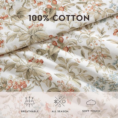 Laura Ashley - Queen Comforter Set, Reversible Cotton Bedding with Matching Shams, Floral Home Decor with Plaid Reverse (Bramble Floral Beige, Queen)