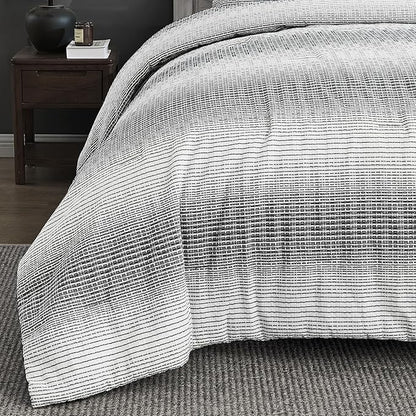 Wonderful Waffle Weave Comforter Set King, Striped Yarn-Dyed Textured Soft Breathable Reversible Cotton Comforter Set, 5 Piece White and Grey Fluffy Bedding Set with Pillow Shams, Decorative Pillows