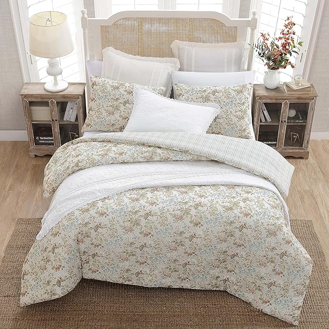 Laura Ashley - King Comforter Set, Reversible Cotton Bedding with Matching Shams, Floral Home Decor with Plaid Reverse (Bramble Floral Beige, King)