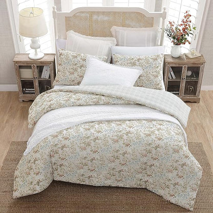 Laura Ashley - Twin Comforter Set, Reversible Cotton Bedding with Matching Sham, Floral Home Decor with Plaid Reverse (Bramble Floral Beige, Twin)