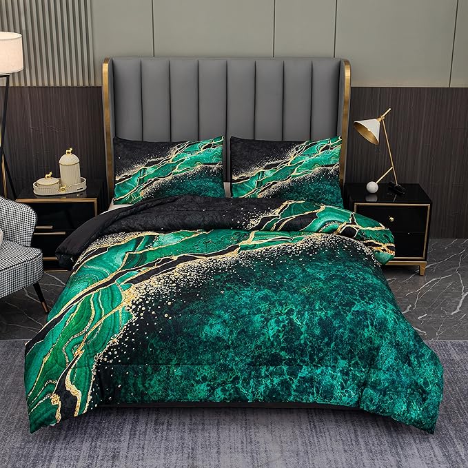 Tailor Shop 5Pcs Marble Green Comforter Set Queen Size for Women Adults Black Green and Gold Marble Bedding Sets Bed in a Bag (1 Comforter, 1 Flat Sheet, 1 Fitted Sheet, 2 Pillowcases)…