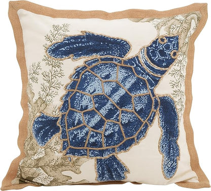 SARO LIFESTYLE Neptunian Coastal Throw Pillow – 20” x 20”, Woven Cotton Cover with Jute Trim, Zipper Closure, Down & Feather Insert – Sea Turtle, Navy Blue