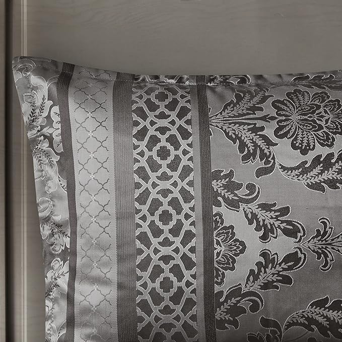 Madison Park Bellagio Cozy Comforter Set - Luxurious Jaquard Traditional Damask Design, All Season Down Alternative Bedding with Matching Shams, Decorative Pillow, Cal King(104"x92"), Grey 7 Piece