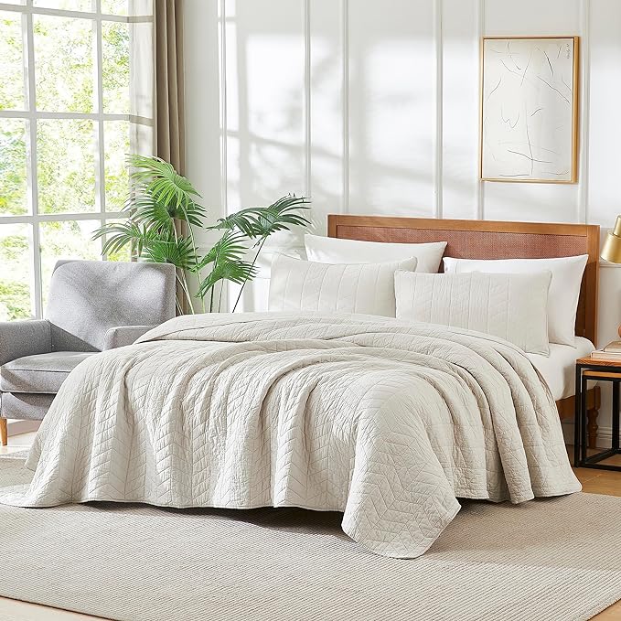 palassio Beige Cotton Quilt Queen Size Bedding Sets with Pillow Shams, White Lightweight Soft Bedspread Coverlet, Tan Cream Quilted Comforter Bed Cover for All Season, 3 Pieces, 90x96 inches