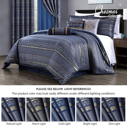 Chezmoi Collection Rio 7-Piece King Jacquard Comforter Set - Blue Gold Floral Geometric Damask Woven Bedding Set
