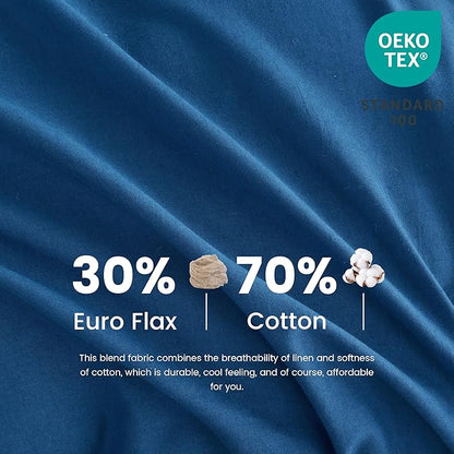 Simple&Opulence Belgian Linen Sheet Set Solid Color - 6 Pieces (1 Flat Sheet & 1 Fitted Sheet & 4 Pillowcases) 16" Deep Pocket Natural Flax Cotton Blended Soft Bedding - Navy Blue, Queen Size