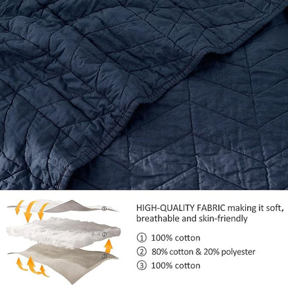 palassio Navy Blue Cotton Quilt Queen Size Bedding Sets with Pillow Shams, Lightweight Soft Bedspread Coverlet, Quilted Comforter Bed Cover for All Season, 3 Pieces, 90x96 inches