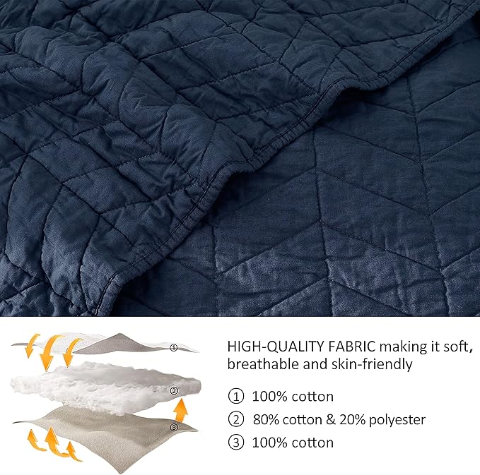 palassio Navy Blue Cotton Quilt King Size Bedding Sets with Pillow Shams, Lightweight Soft Bedspread Coverlet, Quilted Comforter Bed Cover for All Season, 3 Pieces, 106x96 inches